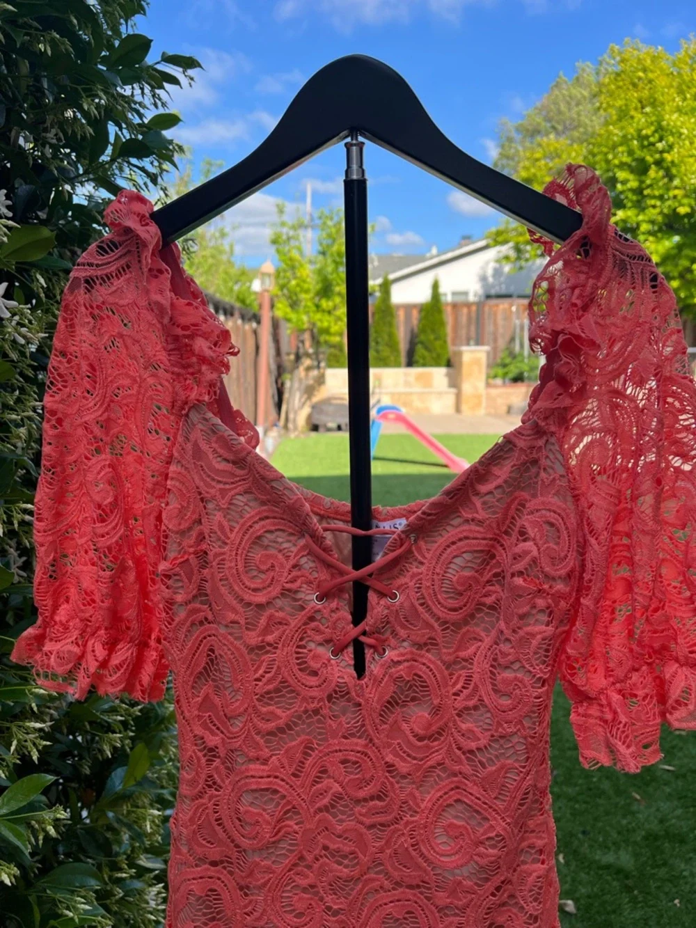 Coral Lace Bodycon Dress Square/V-line Deep Neck Puff Sleeve Romantic Size S - Picture 5 of 9